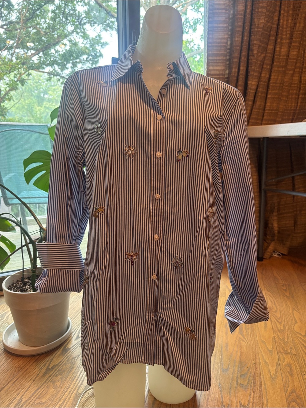 Talbots Navy and White Striped Button-Down Shirt with Beaded details size medium